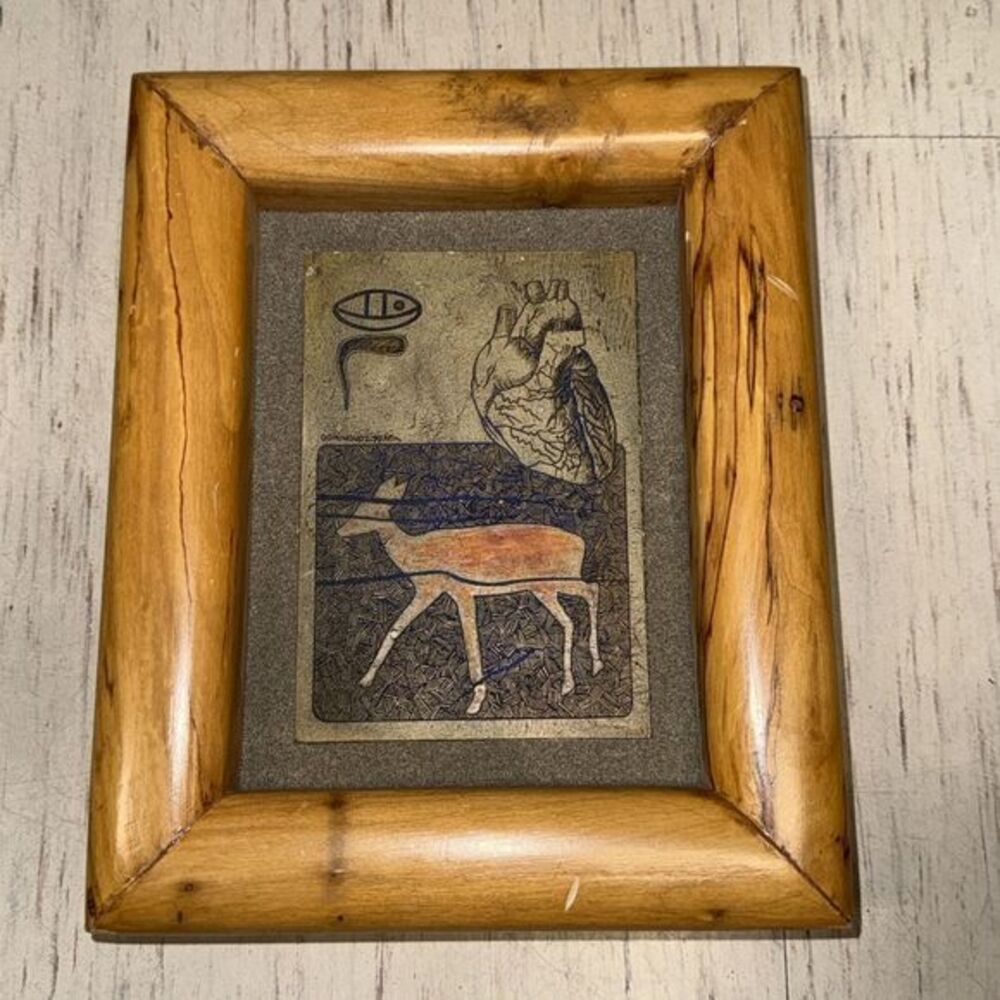 Framed Media Studio Art Deer And Heart Signed Dominguez 1979